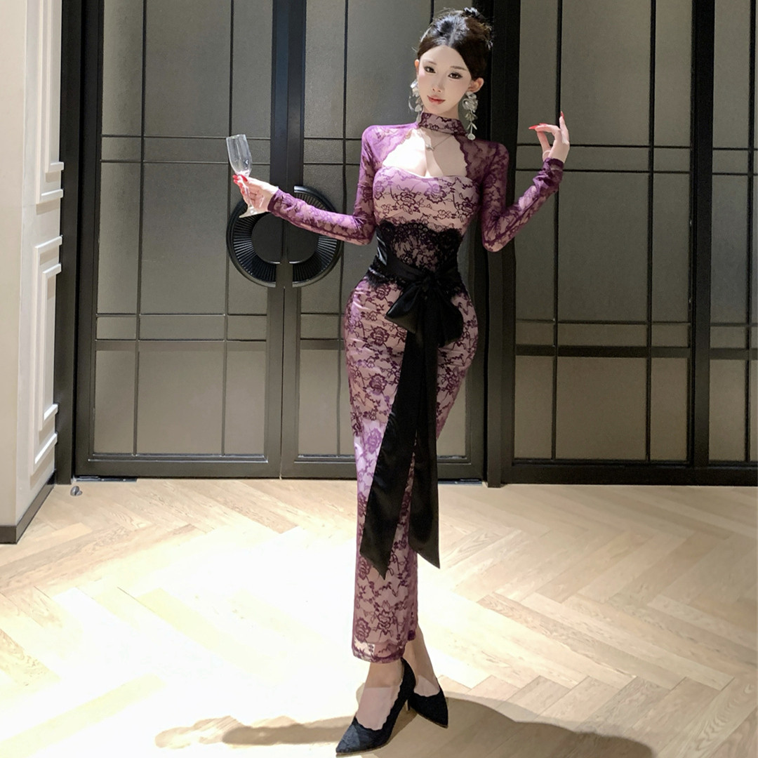 名媛长裙蕾丝紫色挂脖长袖连衣裙