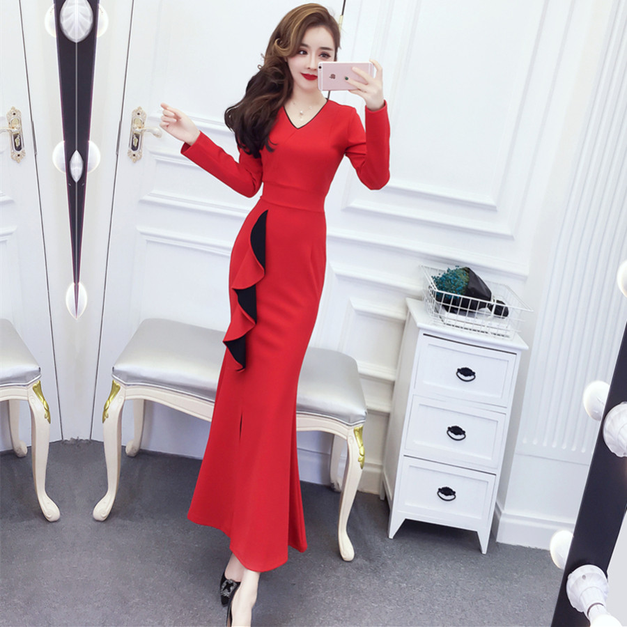晚礼服女长裙宴会气质拼色V领荷叶边修身包臀鱼尾裙红色连衣裙女