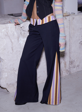 【年终清仓】五折 Boujee原创翻腰头西裤条纹拼微喇低腰中性松弛