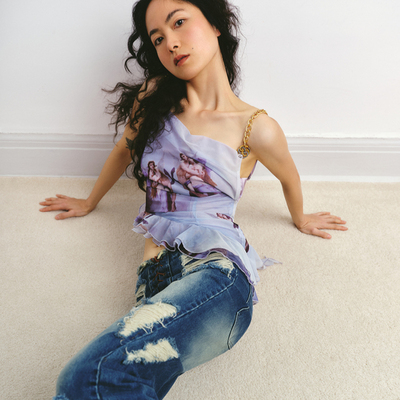 印花Boujee荷叶边吊带蛇形扣