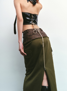 【年终清仓】三折Boujee原创设计赵露思同款拼皮低腰工装半裙复古