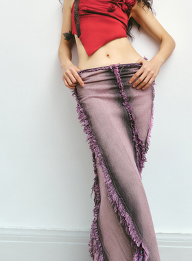 【年终清仓】三折Boujee原创紫色水洗牛仔蕾丝拼接鱼尾半裙度假