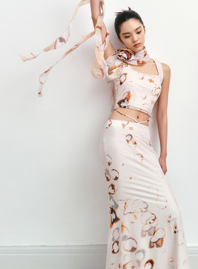 【年终清仓】五折Boujee烧毁印花弹力网纱背心半身鱼尾长裙套装