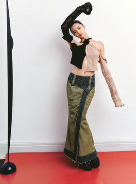 【年终清仓】三折 Boujee原创铆钉拼接牛仔开衩长裙复古bella风