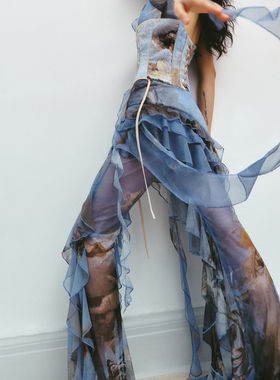 【年终清仓】五折Boujee油画印花荷叶边网纱长裤复古氛围波西风