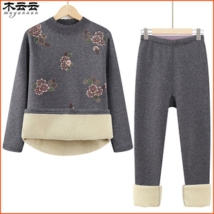 羊羔绒两件套 加绒加厚妈妈冬装 老年人保暖内衣套装 女套头奶奶冬季