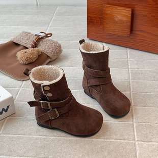 女童加绒羊羔勃肯短靴2025秋冬新款 双带女宝宝保暖皮靴潮 铆钉款
