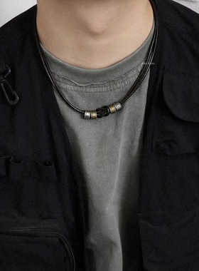 日系复古双层拼接打结皮项链男生小众原创设计街头个性穿搭配饰