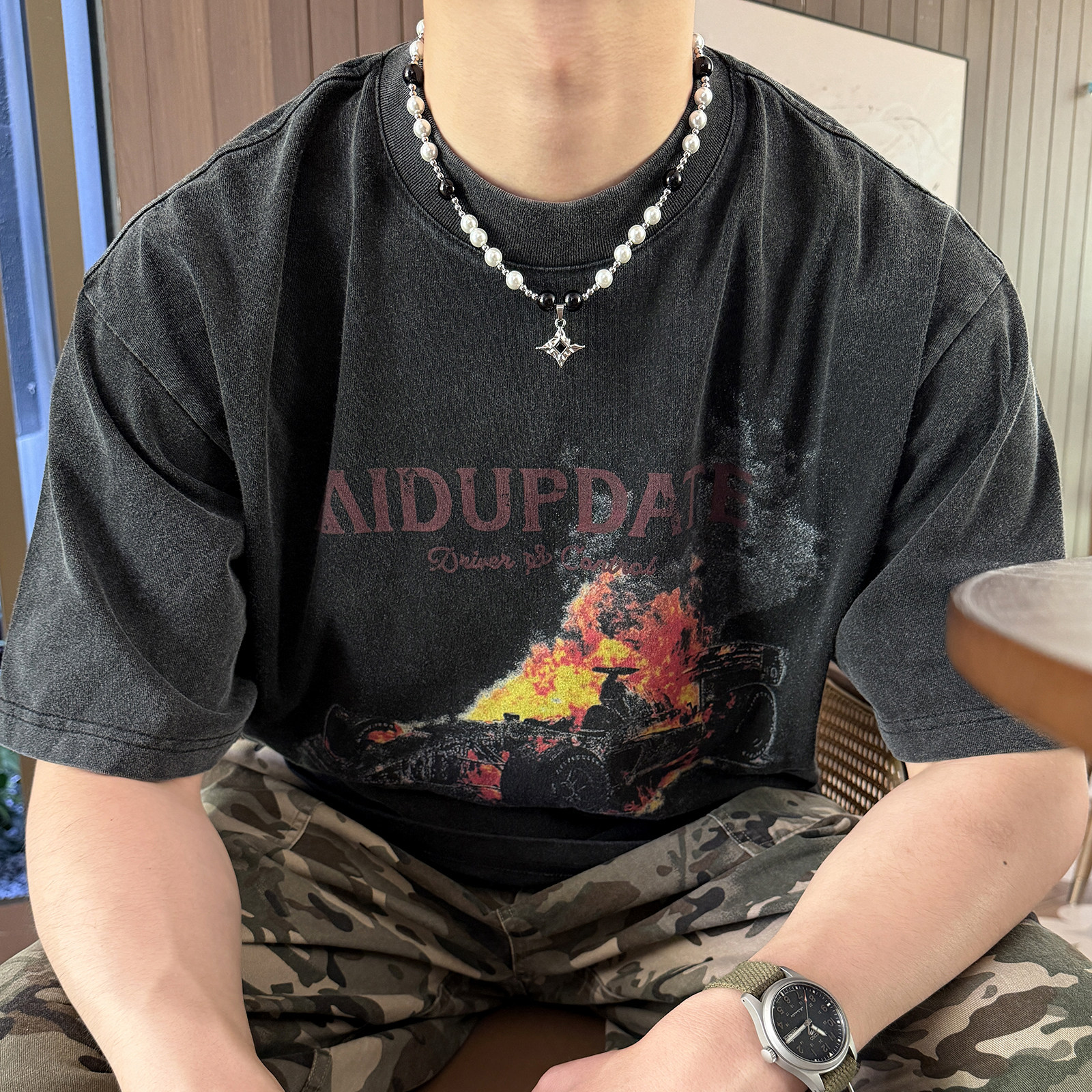 钛钢星芒珍珠嘻哈锁骨链不褪色