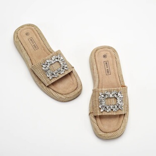新款方头草编平跟外穿百搭凉拖鞋Ladies  flat bottomed slippers