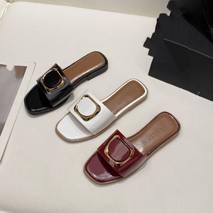 2025夏季欧美新款圆扣女士休闲轻便凉拖鞋外穿Flat Sandals Women