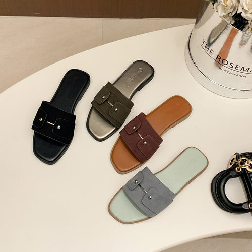 欧美网红拖鞋女外穿时尚法式休闲平底一字拖Flat Sandals Summer
