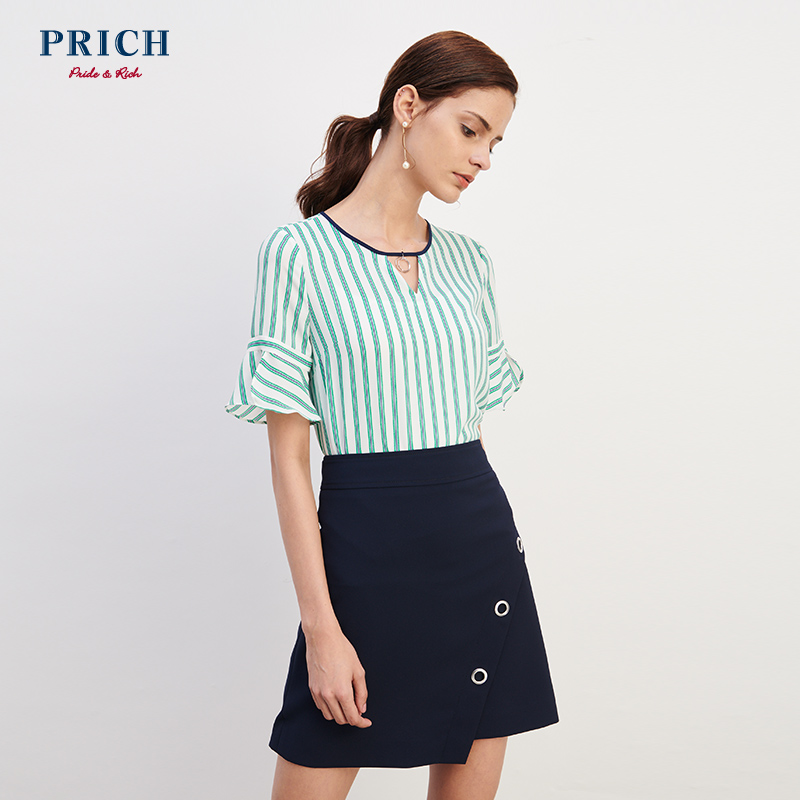 PRICH2018夏季新款女士时尚衬衣商场同款条纹短袖衬衫PRBA82304E