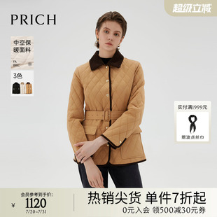 新款 中空保暖 PRICH復(fù)古菱格輕薄絎縫棉服冬季 棉衣短外套女