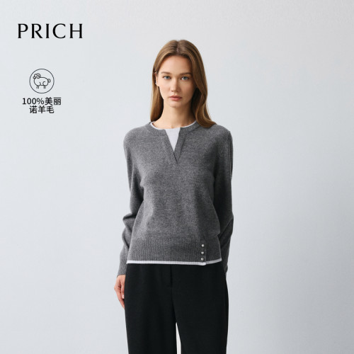 【美丽诺羊毛】PRICH简约灰色假两件针织衫2026冬新款套头毛衣女