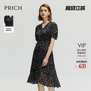 PRICH航海系穿搭法式气质印花泡泡袖雪纺连衣裙黑色V领淑女长裙