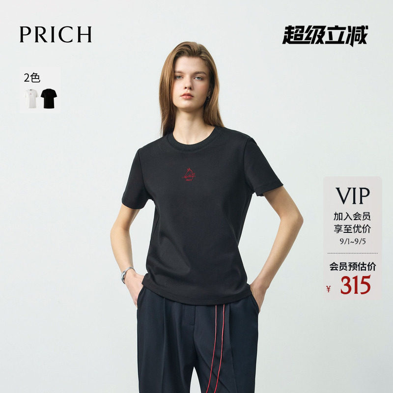 PRICH简约植绒印花圆领短袖T恤2026春季新款休闲宽松通勤上衣女图片