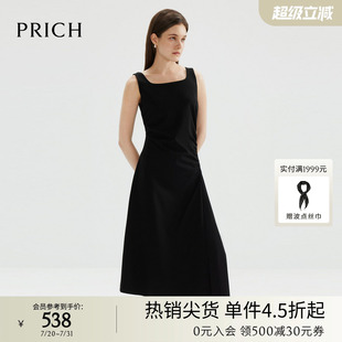 PRICH复古无袖 赫本风显瘦气质长裙女 方领吊带黑色连衣裙夏季 新款