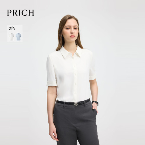 PRICH时尚淡人纯色正肩短袖衬衫夏季休闲通勤修身上衣女