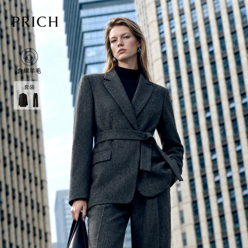 PRICH简约复古羊毛系带收腰西装2026早秋新款高智通勤外套女
