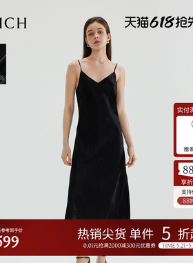 【醋酸】PRICH法式黑色V领吊带连衣裙夏季气质修身长裙女