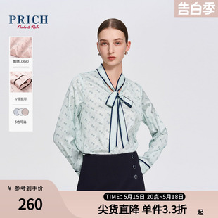 不易皱2024春季 新款 口撞色印花细带蝴蝶结衬衫 PRICH优雅通勤袖 女