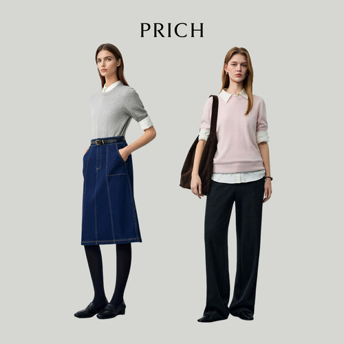 【舒心】PRICH【100%山羊绒】PRICH简约撞色短袖针织衫冬季无缝毛
