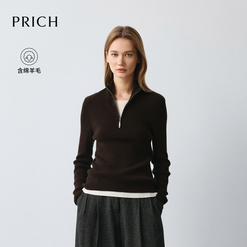 PRICH简约半拉链立领假两件针织衫2026冬新款修身休闲通勤上衣女
