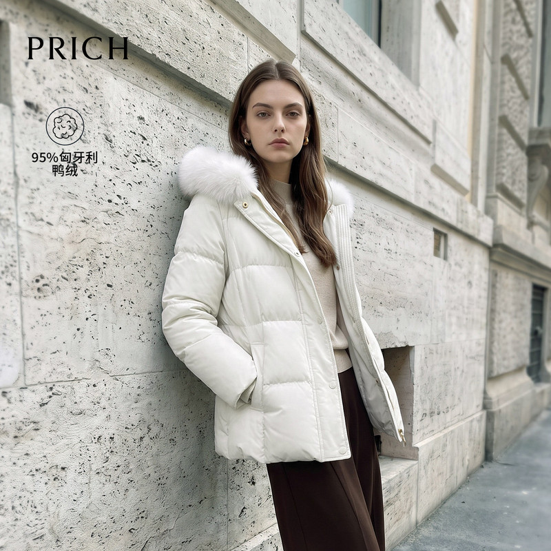【匈牙利鸭绒】PRICH狐狸毛领气质连帽收腰羽绒服2026冬季新款女