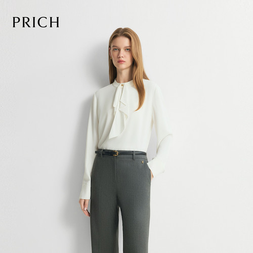 PRICH简约优雅气质雪纺圆领飘带长袖衬衫2026秋季新款通勤上衣女