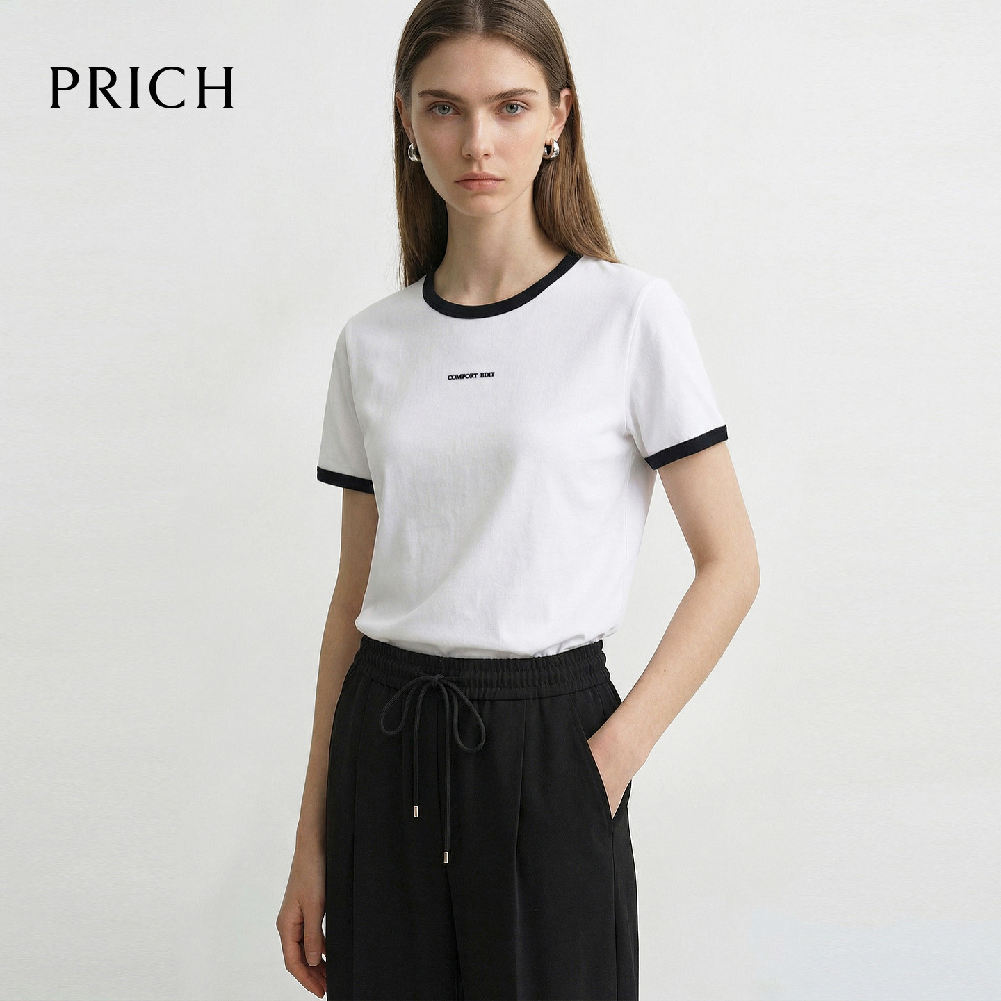 PRICH时尚撞色边圆领短袖T恤2026夏季新款基础款通勤休闲上衣女