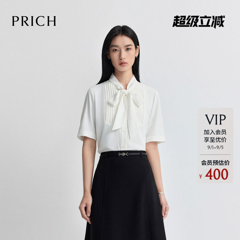 PRICH简约飘带领雪纺短袖衬衫2026夏新款门襟褶皱正肩通勤上衣女图片