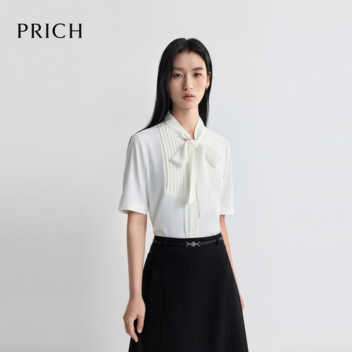PRICH时尚清爽飘带领褶皱前襟雪纺短袖衬衫2026夏新款通勤上衣女