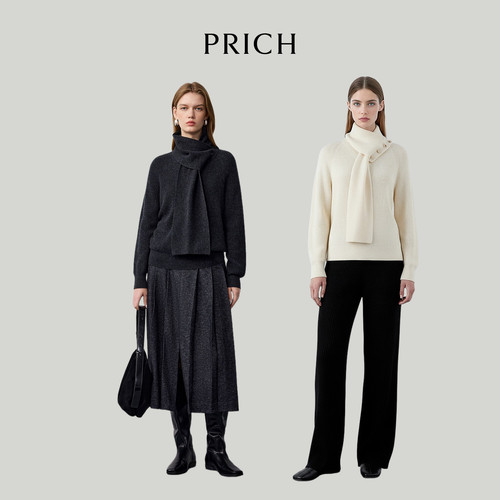 【舒心】PRICH【100%绵羊毛】PRICH时尚可拆卸围巾针织衫冬慵懒毛