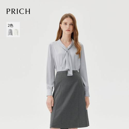 PRICH时尚简约优雅飘带V领长袖衬衫冬季新款气质光泽感衬衣女
