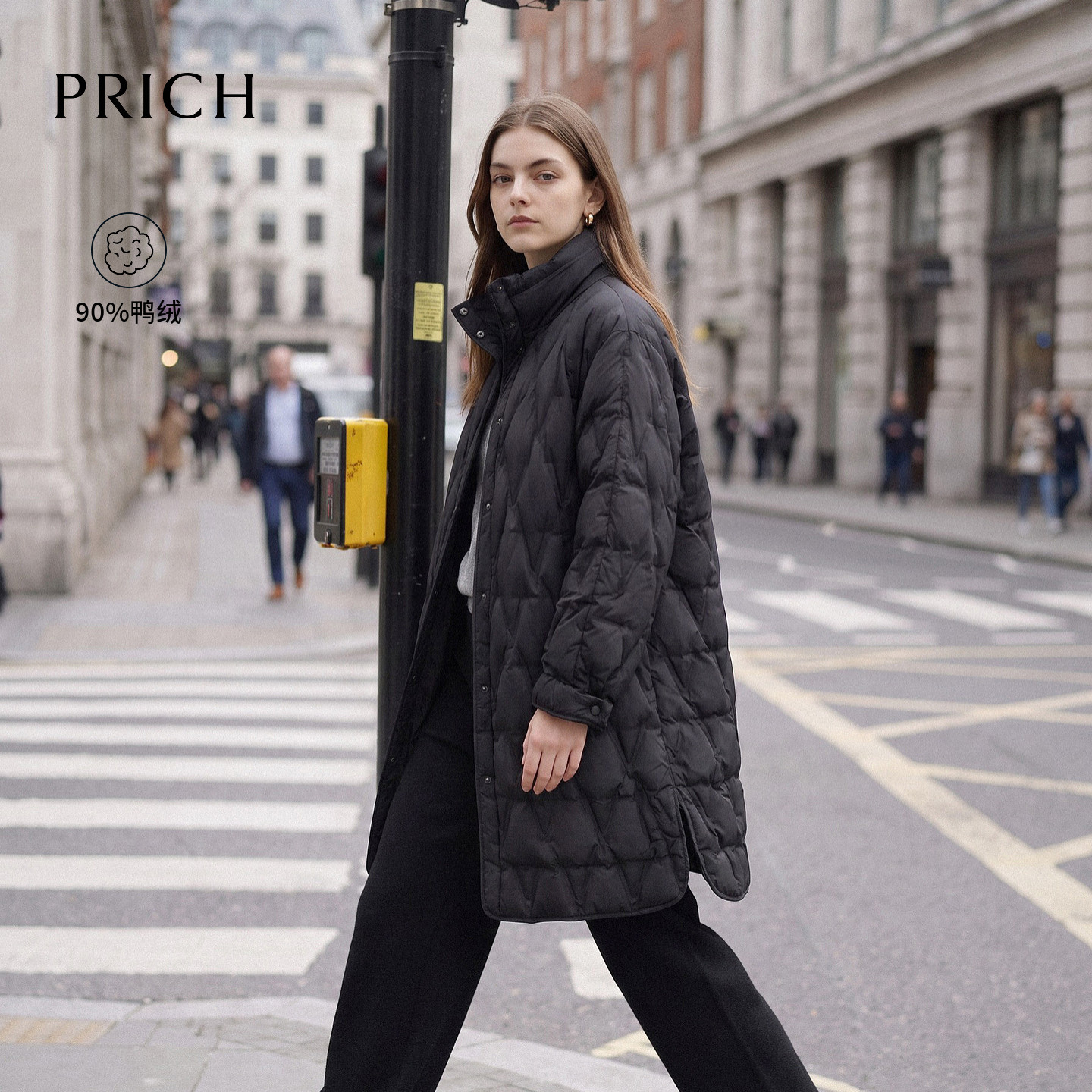 【90%鸭绒】PRICH简约格纹压胶高领保暖羽绒服2026冬季新款收腰女