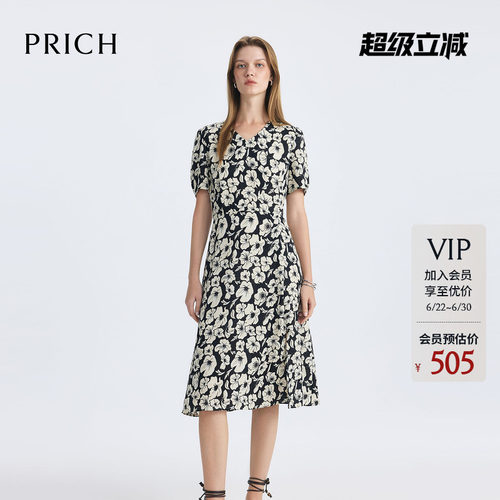 PRICH时尚简约印花连衣裙夏季小V领短袖收腰长裙女装