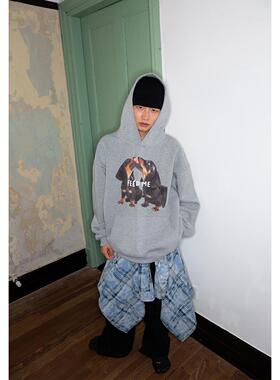 FEAR4FREE 腊肠犬狗狗印花卫衣oversize美式高街重磅连帽卫衣情侣