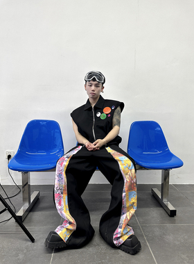 FEAR4FREE 原创设计师款“双性格”拼接色彩印花阔腿直筒休闲裤