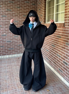 FEAR4FREE迷雾灰黑色宽松廓形设计连帽卫衣空气层厚外套开衫情侣