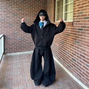 FEAR4FREE迷雾灰黑色宽松廓形设计连帽卫衣空气层厚外套开衫 情侣