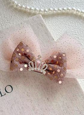 韩系女童表演立体发夹粉色亮片蝴蝶结宝宝生日皇冠发夹儿童发饰