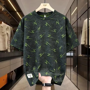 時尚 美式 夏季 印花圓領爆款 短袖 寬松百搭T恤新款 2025潮流上衣男士