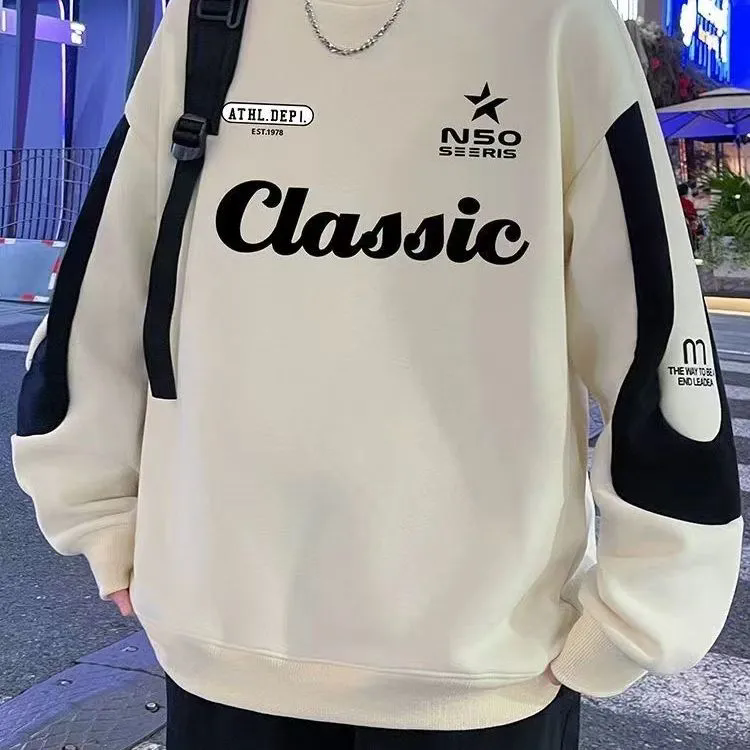 秋冬款卫衣男装潮流加绒加厚长袖上衣服圆领青少年潮牌套头打底衫