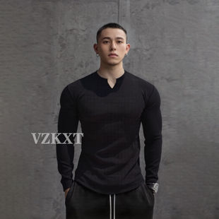 春秋美式撸铁长袖t恤男款条纹拼接肌理感修身运动显壮男士健身衣