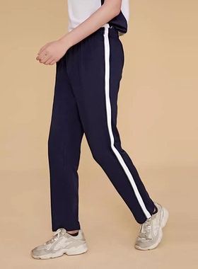 北京十四中校服裤子纯棉藏蓝色拼白宽杠红细条运动裤四季可选订做