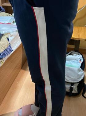 订做北京十四中纯棉校服裤藏蓝色拼白宽杠红细条运动裤四季可选