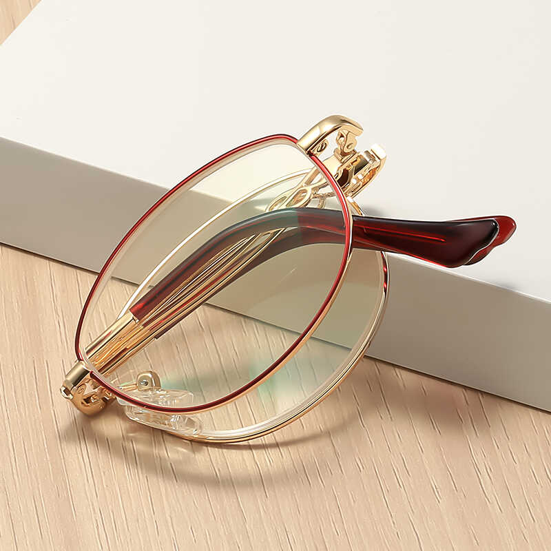 老人100正品老花镜时尚折叠款显年轻高清树脂防蓝光金属全框金色