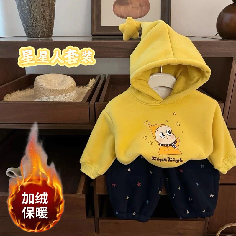 韩版男女童冬季新款黄色星星人连帽卫衣加绒星星裤子套