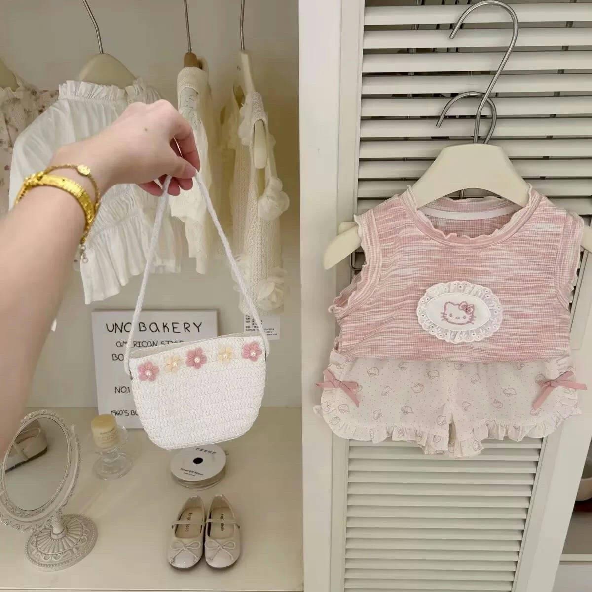 2百205女童夏YC9182季韩版碎花花边背心+花边印花搭两短裤宝宝夏